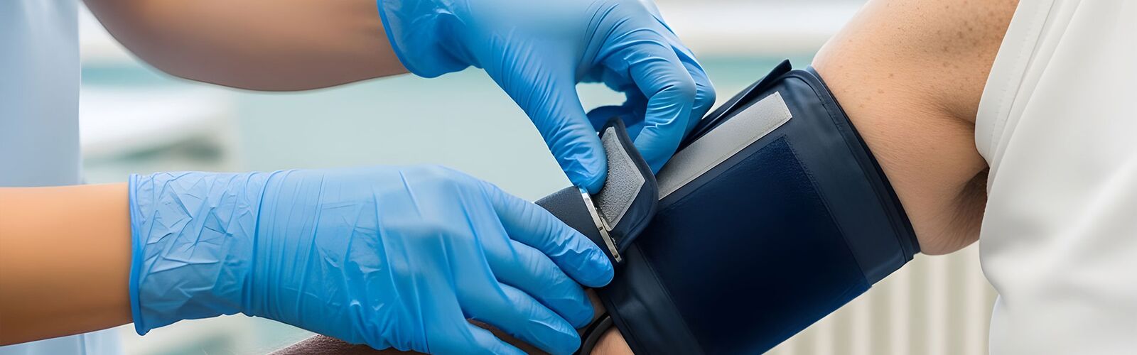 Person mit blauen Handschuhen misst den Blutdruck einer anderen Person